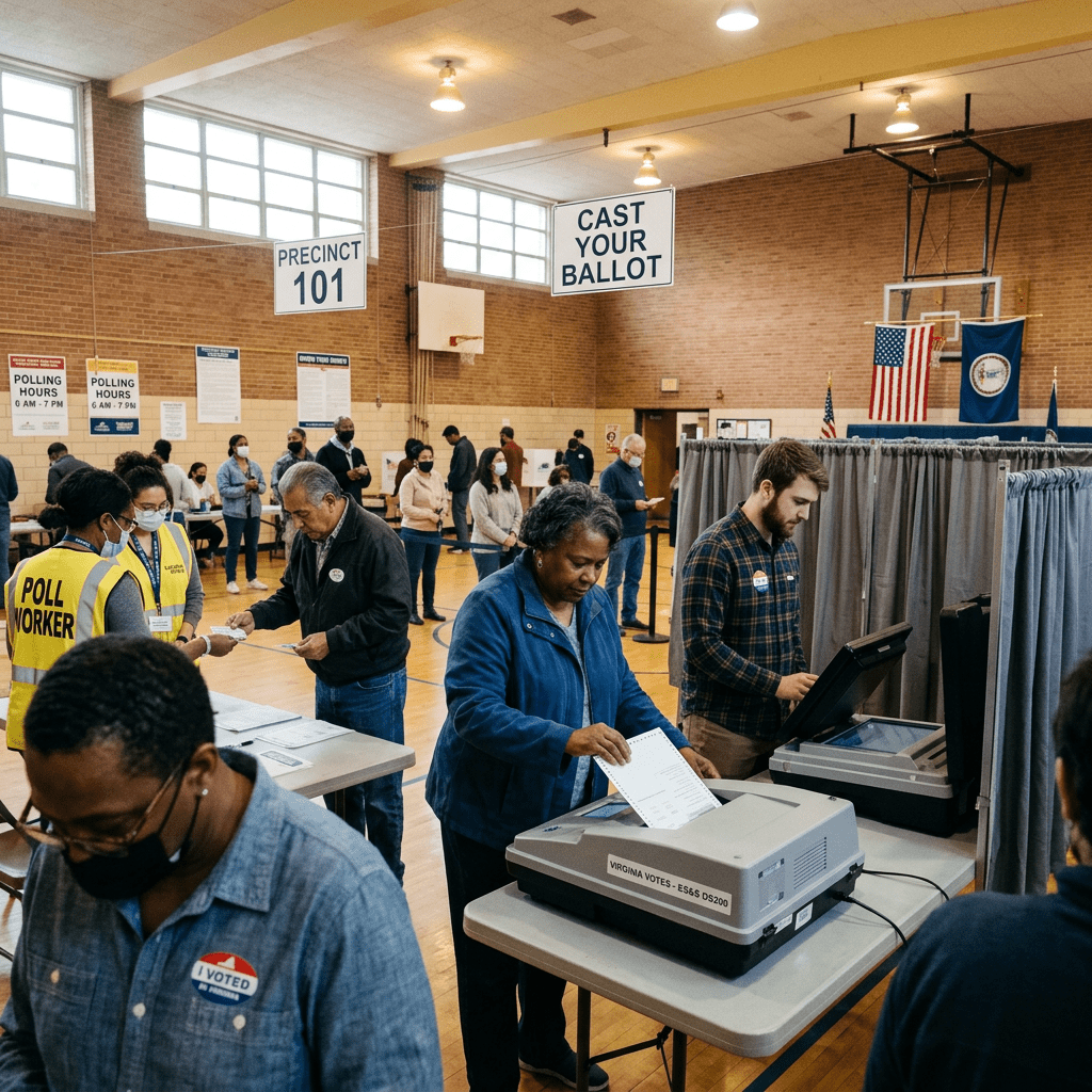 Voters casting ballots and poll workers assisting at precinct 101 in a gymnasium